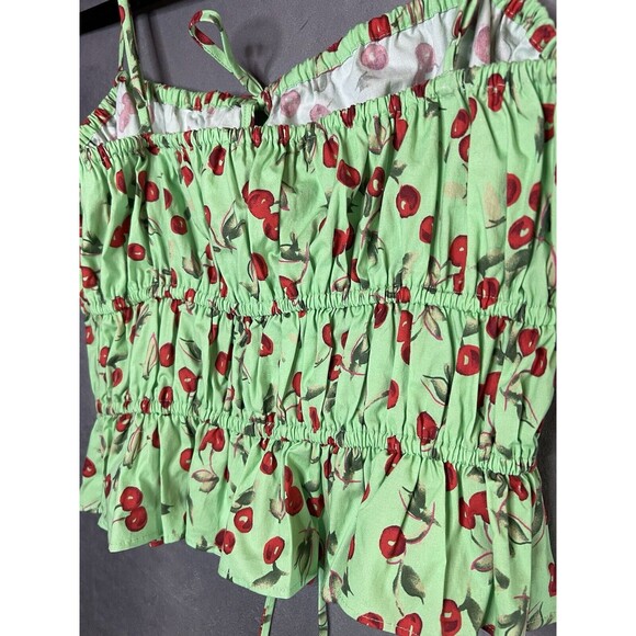 WAYF Cherries Green Camisole Top Elastic Trim Cotton Front Cut Out Ties Women S - Picture 11 of 12